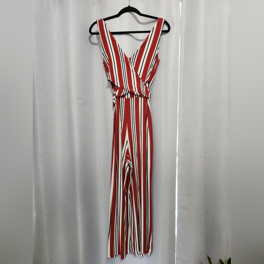 Bershka Rust red White and Black Vertical Stripe Jumpsuit